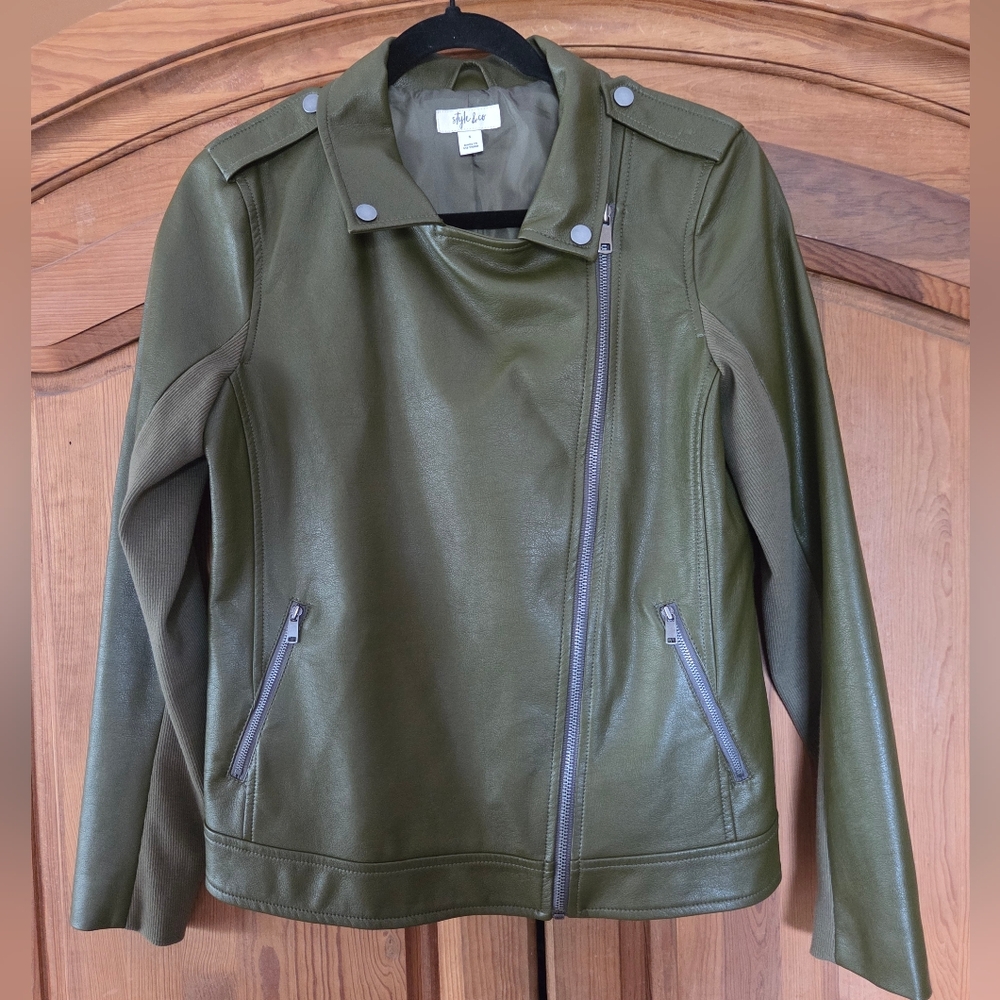 Style & Co Faux Leather Moto Jacket Green Asymmetrical Zipper Closure Size Small